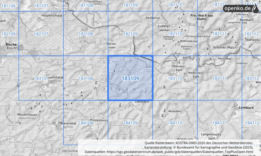 Übersichtskarte des KOSTRA-DWD-2020-Rasterfeldes Nr. 183109