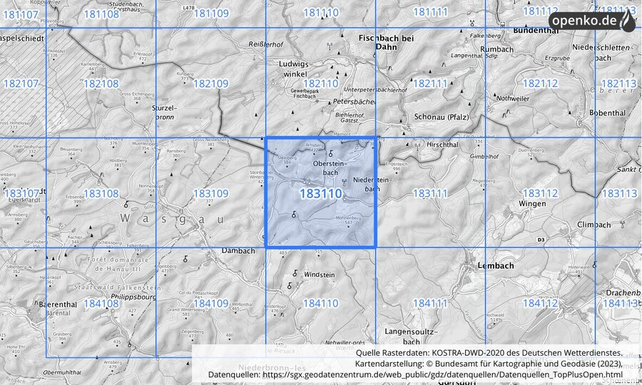 Übersichtskarte des KOSTRA-DWD-2020-Rasterfeldes Nr. 183110