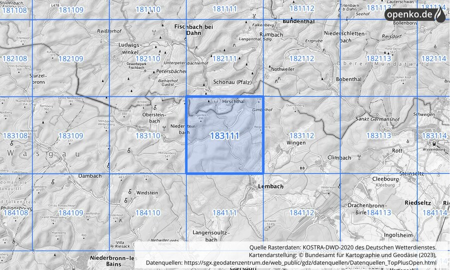 Übersichtskarte des KOSTRA-DWD-2020-Rasterfeldes Nr. 183111