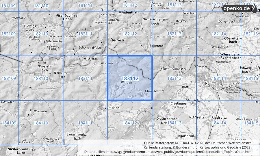 Übersichtskarte des KOSTRA-DWD-2020-Rasterfeldes Nr. 183112