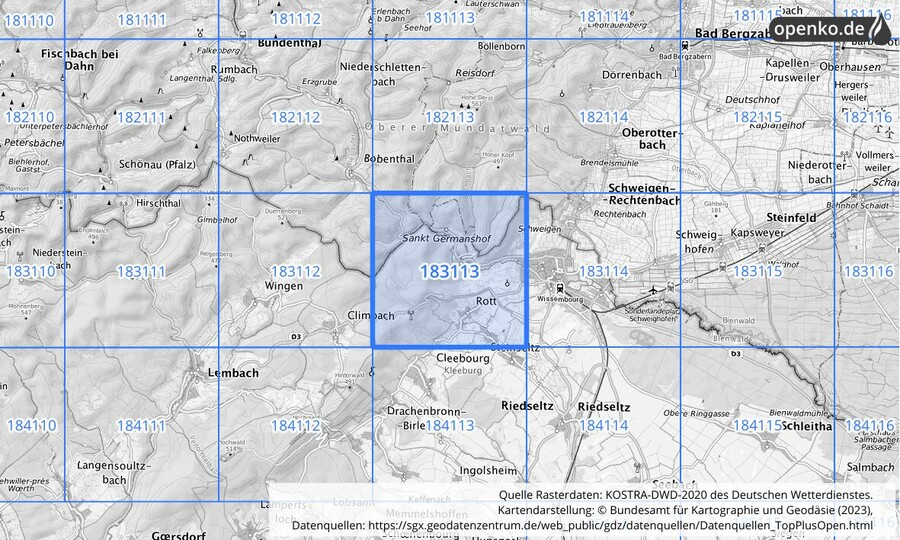 Übersichtskarte des KOSTRA-DWD-2020-Rasterfeldes Nr. 183113