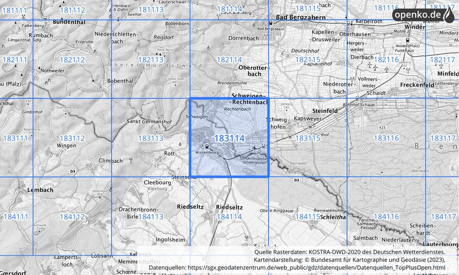 Übersichtskarte des KOSTRA-DWD-2020-Rasterfeldes Nr. 183114