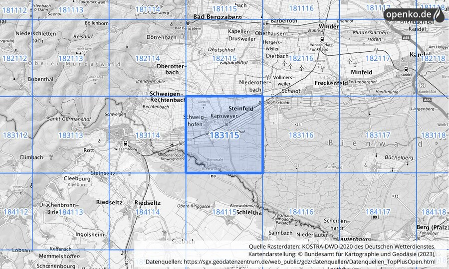 Übersichtskarte des KOSTRA-DWD-2020-Rasterfeldes Nr. 183115