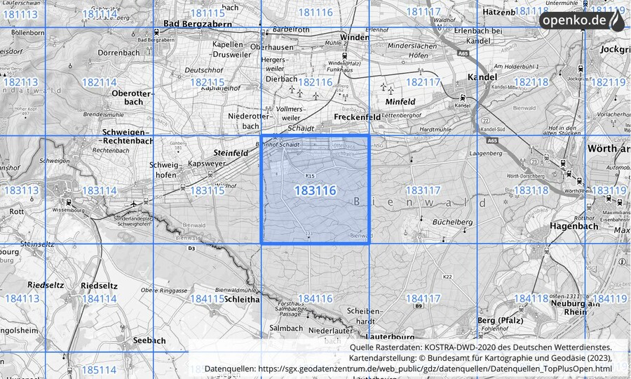 Übersichtskarte des KOSTRA-DWD-2020-Rasterfeldes Nr. 183116