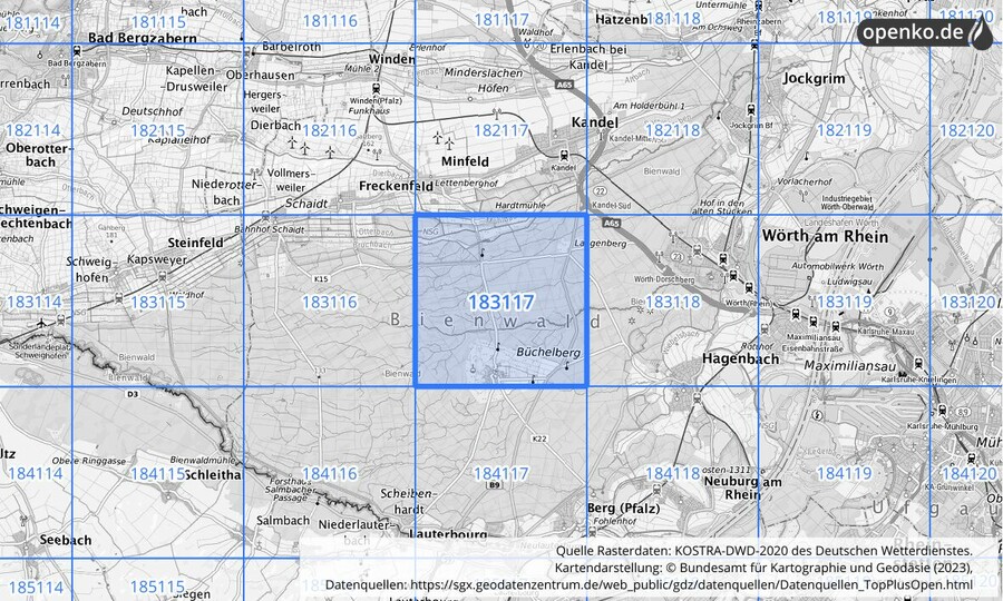 Übersichtskarte des KOSTRA-DWD-2020-Rasterfeldes Nr. 183117