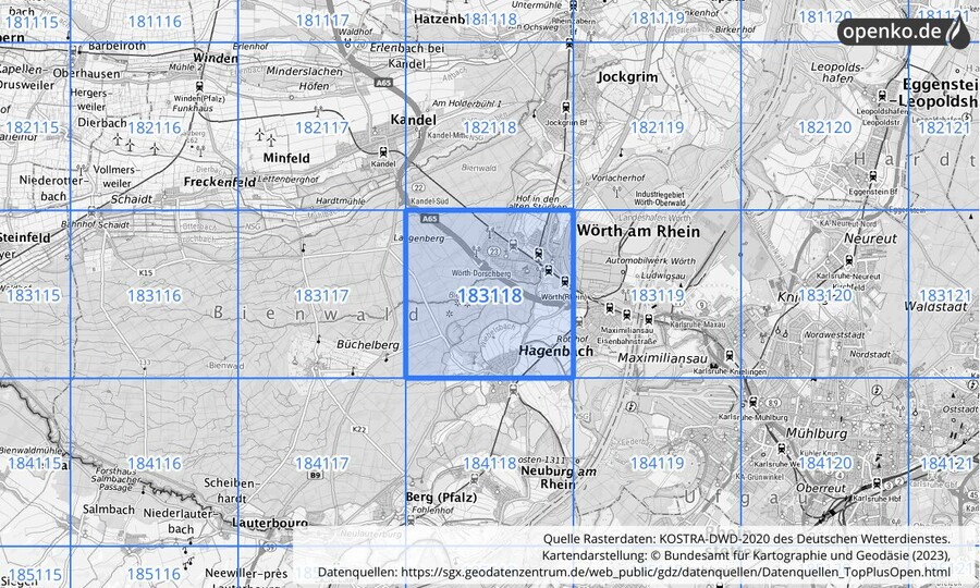 Übersichtskarte des KOSTRA-DWD-2020-Rasterfeldes Nr. 183118