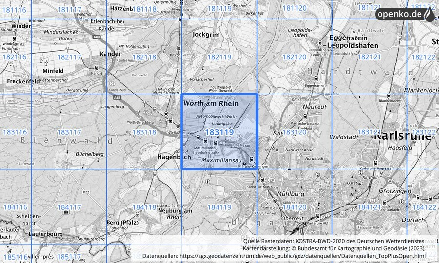 Übersichtskarte des KOSTRA-DWD-2020-Rasterfeldes Nr. 183119
