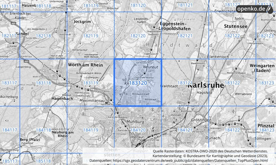 Übersichtskarte des KOSTRA-DWD-2020-Rasterfeldes Nr. 183120