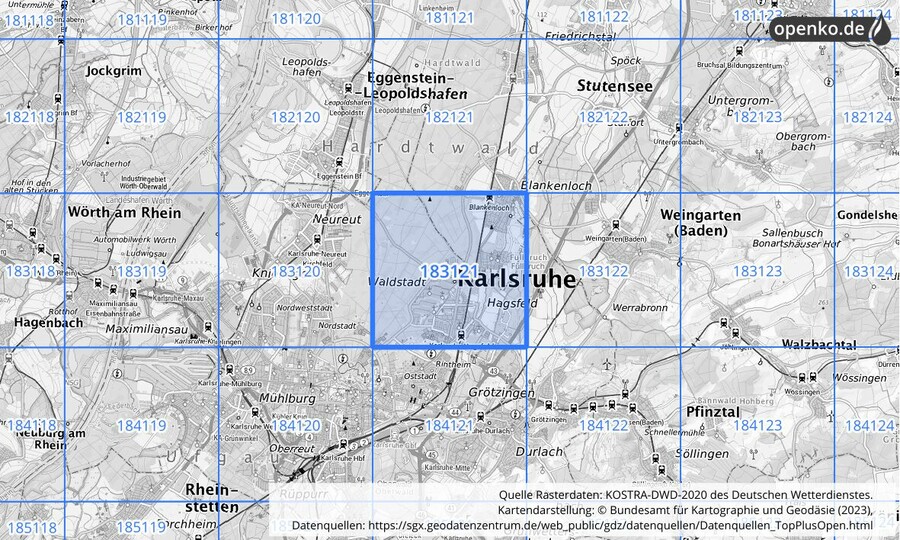 Übersichtskarte des KOSTRA-DWD-2020-Rasterfeldes Nr. 183121