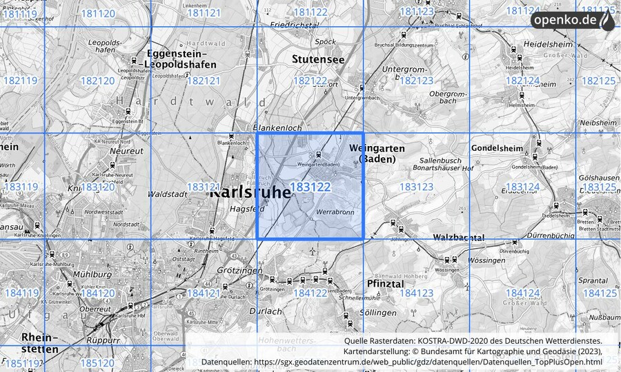 Übersichtskarte des KOSTRA-DWD-2020-Rasterfeldes Nr. 183122