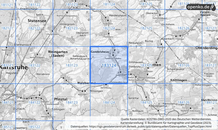 Übersichtskarte des KOSTRA-DWD-2020-Rasterfeldes Nr. 183124