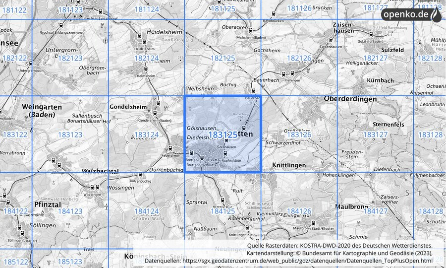 Übersichtskarte des KOSTRA-DWD-2020-Rasterfeldes Nr. 183125