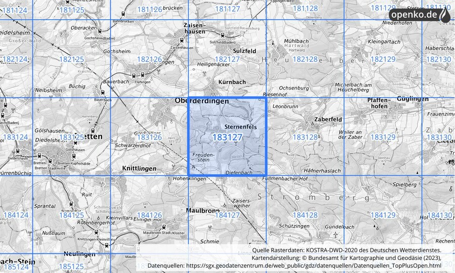 Übersichtskarte des KOSTRA-DWD-2020-Rasterfeldes Nr. 183127