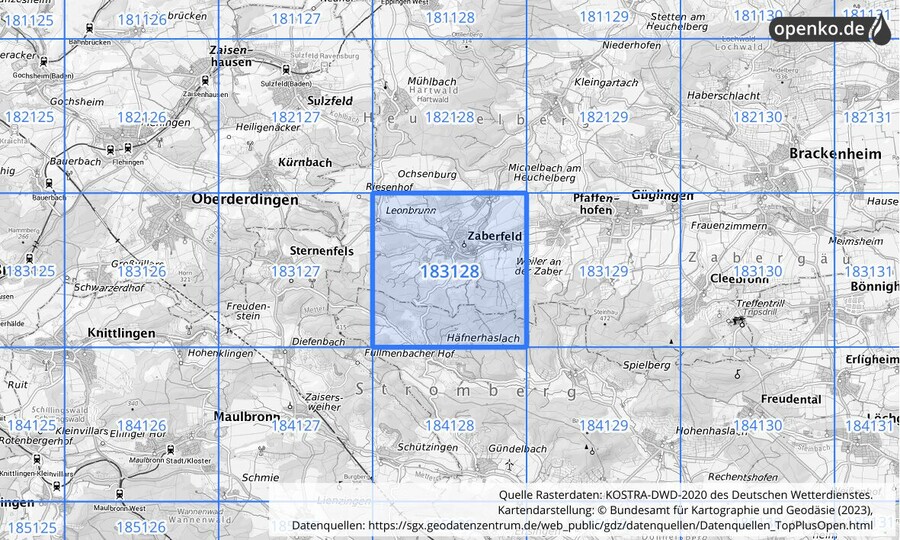 Übersichtskarte des KOSTRA-DWD-2020-Rasterfeldes Nr. 183128