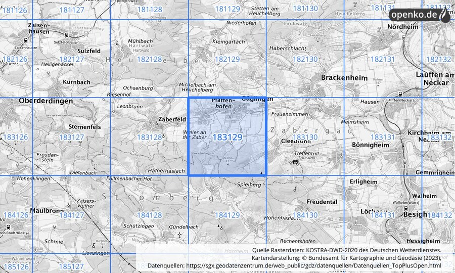 Übersichtskarte des KOSTRA-DWD-2020-Rasterfeldes Nr. 183129