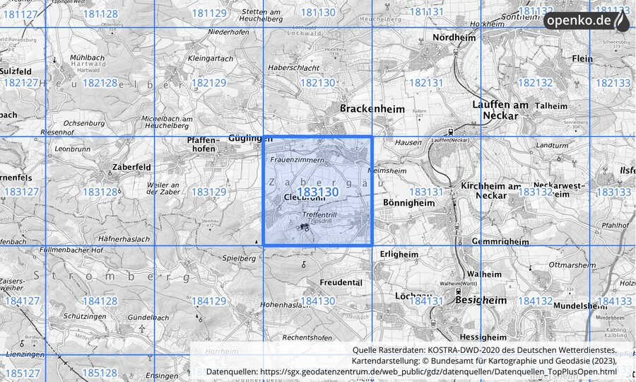 Übersichtskarte des KOSTRA-DWD-2020-Rasterfeldes Nr. 183130