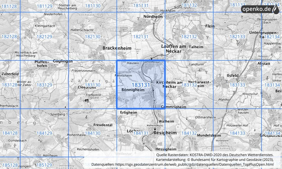 Übersichtskarte des KOSTRA-DWD-2020-Rasterfeldes Nr. 183131