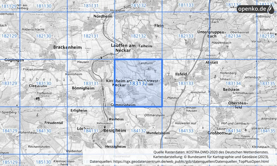 Übersichtskarte des KOSTRA-DWD-2020-Rasterfeldes Nr. 183132