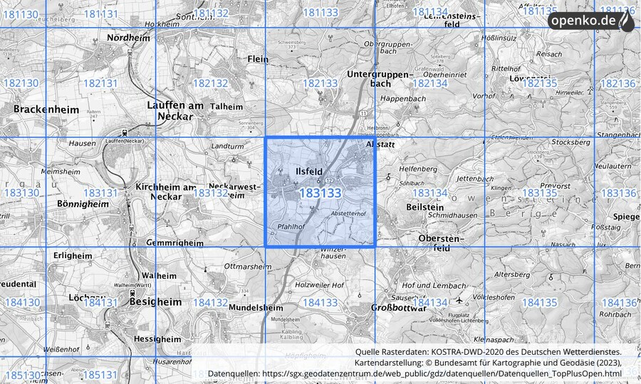 Übersichtskarte des KOSTRA-DWD-2020-Rasterfeldes Nr. 183133