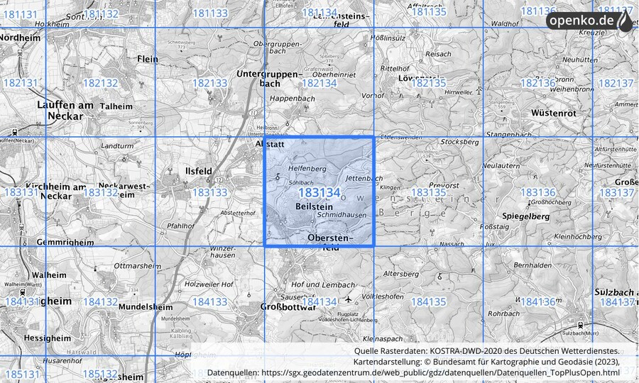 Übersichtskarte des KOSTRA-DWD-2020-Rasterfeldes Nr. 183134