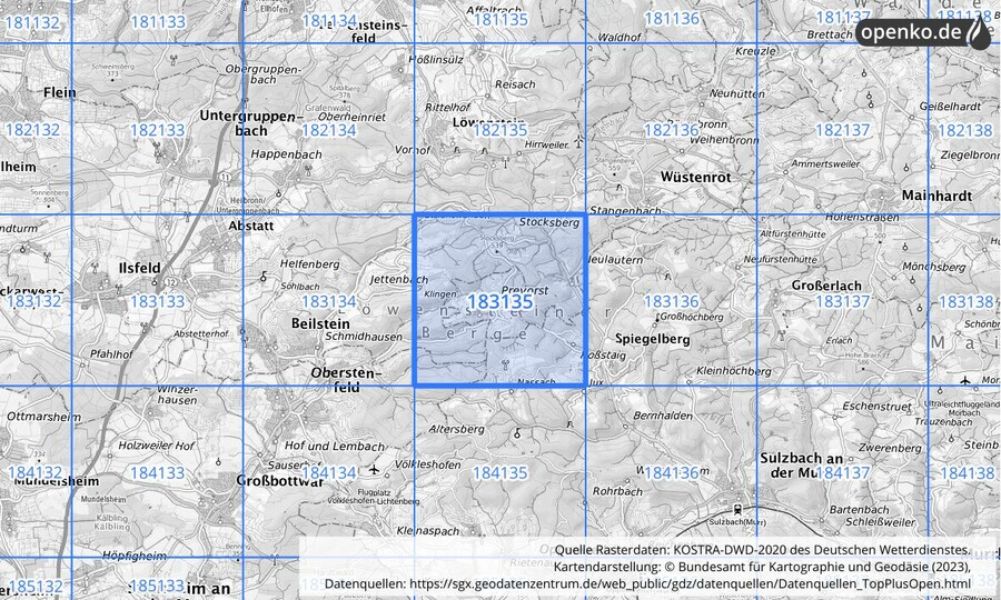 Übersichtskarte des KOSTRA-DWD-2020-Rasterfeldes Nr. 183135