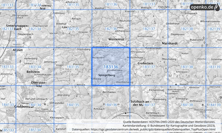 Übersichtskarte des KOSTRA-DWD-2020-Rasterfeldes Nr. 183136