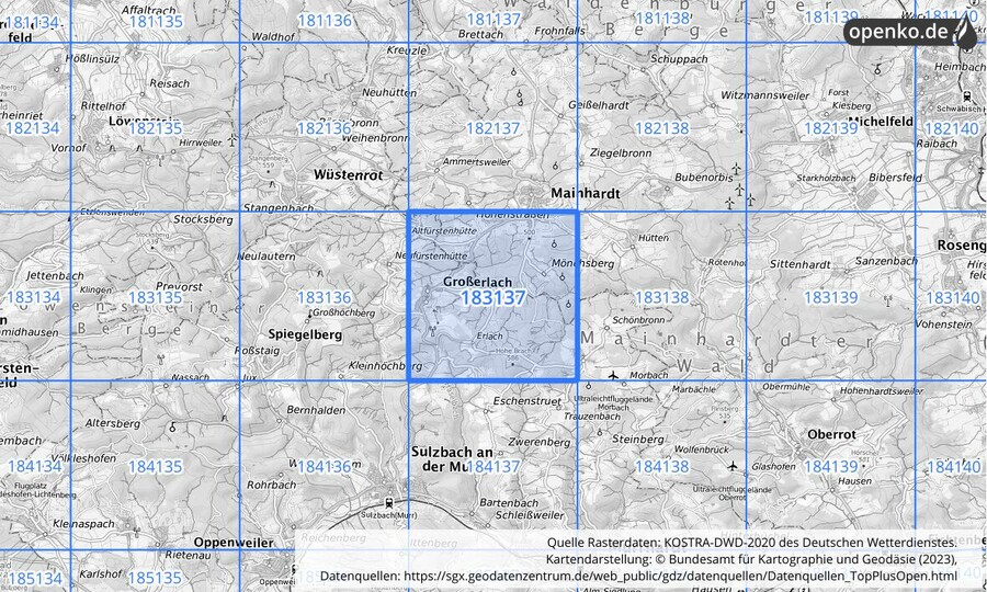 Übersichtskarte des KOSTRA-DWD-2020-Rasterfeldes Nr. 183137