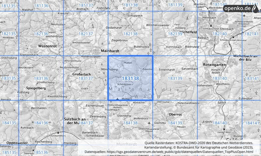 Übersichtskarte des KOSTRA-DWD-2020-Rasterfeldes Nr. 183138