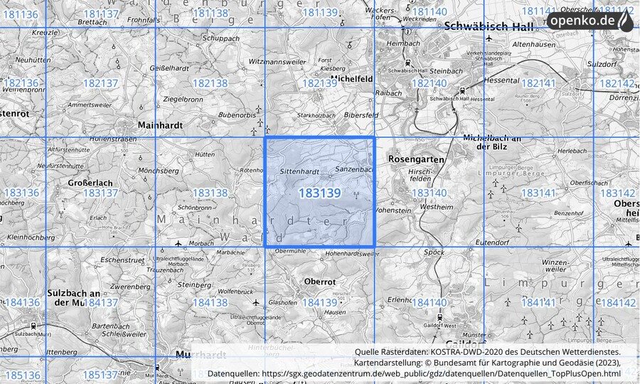 Übersichtskarte des KOSTRA-DWD-2020-Rasterfeldes Nr. 183139