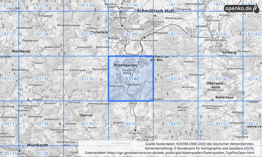 Übersichtskarte des KOSTRA-DWD-2020-Rasterfeldes Nr. 183140