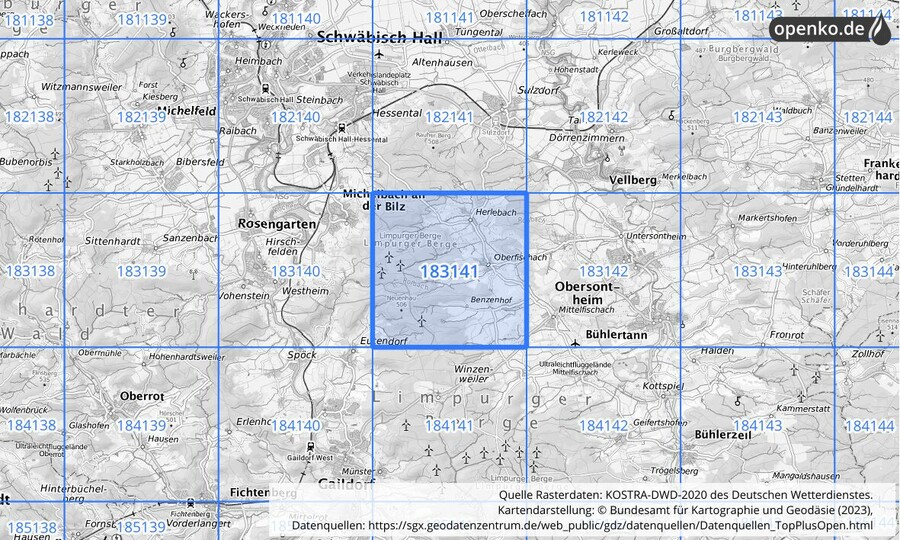 Übersichtskarte des KOSTRA-DWD-2020-Rasterfeldes Nr. 183141