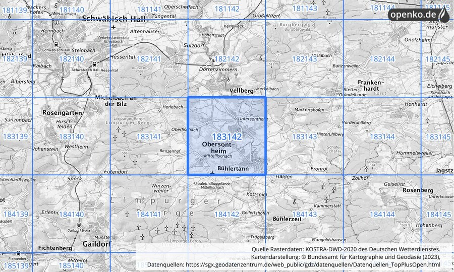 Übersichtskarte des KOSTRA-DWD-2020-Rasterfeldes Nr. 183142