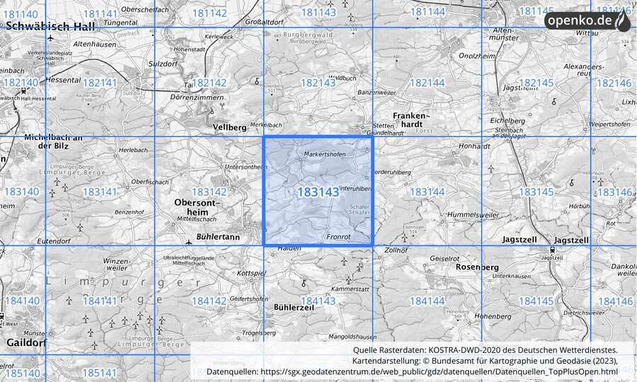 Übersichtskarte des KOSTRA-DWD-2020-Rasterfeldes Nr. 183143
