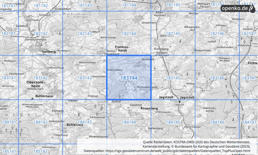 Übersichtskarte des KOSTRA-DWD-2020-Rasterfeldes Nr. 183144