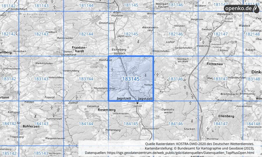 Übersichtskarte des KOSTRA-DWD-2020-Rasterfeldes Nr. 183145