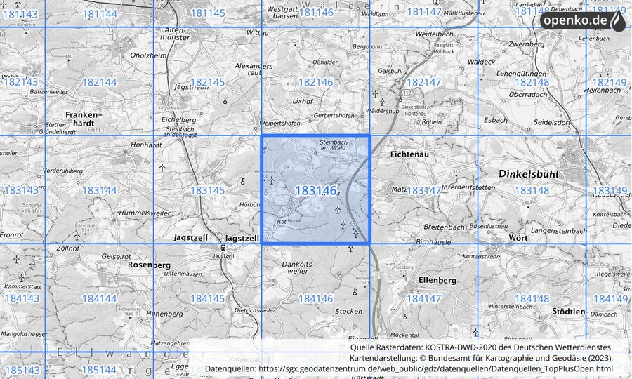 Übersichtskarte des KOSTRA-DWD-2020-Rasterfeldes Nr. 183146