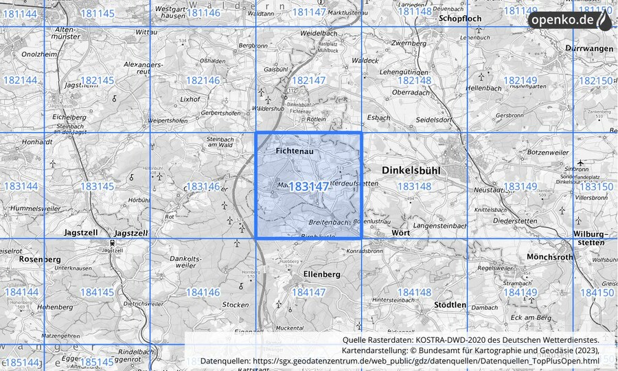 Übersichtskarte des KOSTRA-DWD-2020-Rasterfeldes Nr. 183147