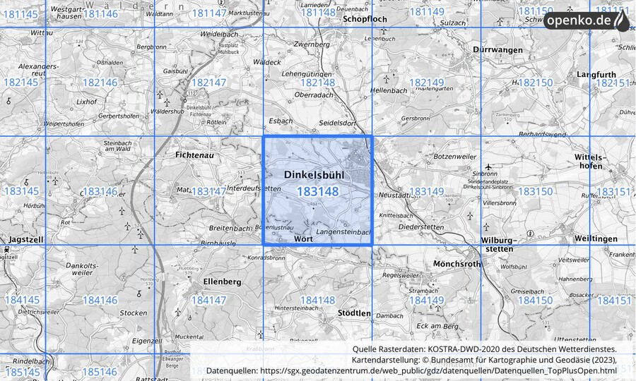 Übersichtskarte des KOSTRA-DWD-2020-Rasterfeldes Nr. 183148