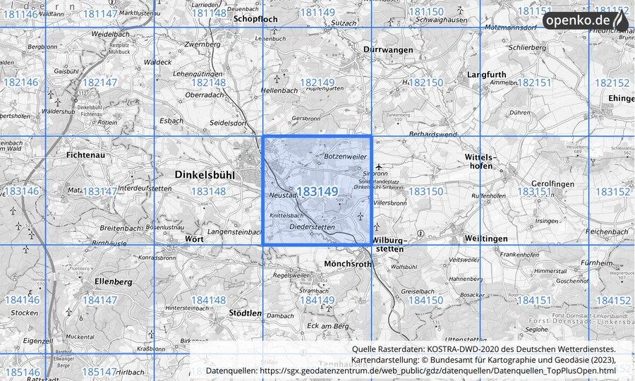 Übersichtskarte des KOSTRA-DWD-2020-Rasterfeldes Nr. 183149