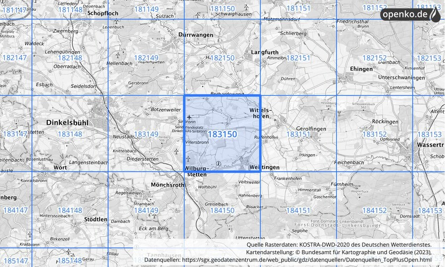 Übersichtskarte des KOSTRA-DWD-2020-Rasterfeldes Nr. 183150