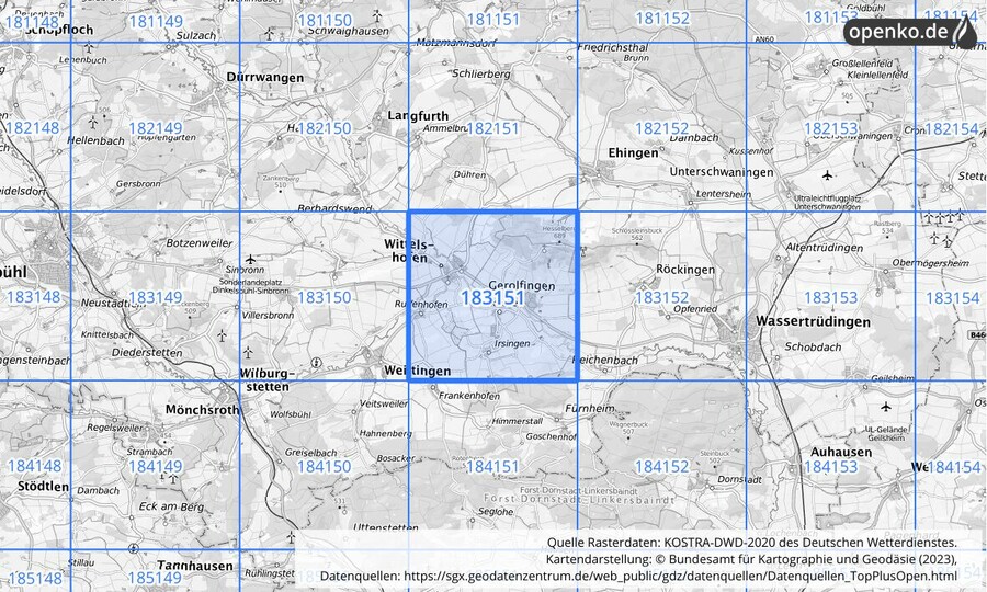 Übersichtskarte des KOSTRA-DWD-2020-Rasterfeldes Nr. 183151