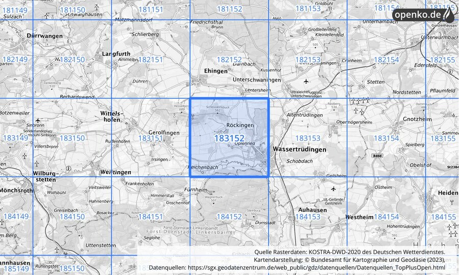 Übersichtskarte des KOSTRA-DWD-2020-Rasterfeldes Nr. 183152