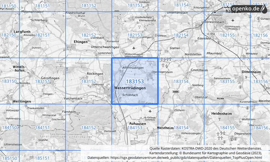 Übersichtskarte des KOSTRA-DWD-2020-Rasterfeldes Nr. 183153