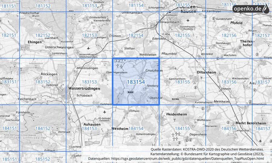 Übersichtskarte des KOSTRA-DWD-2020-Rasterfeldes Nr. 183154