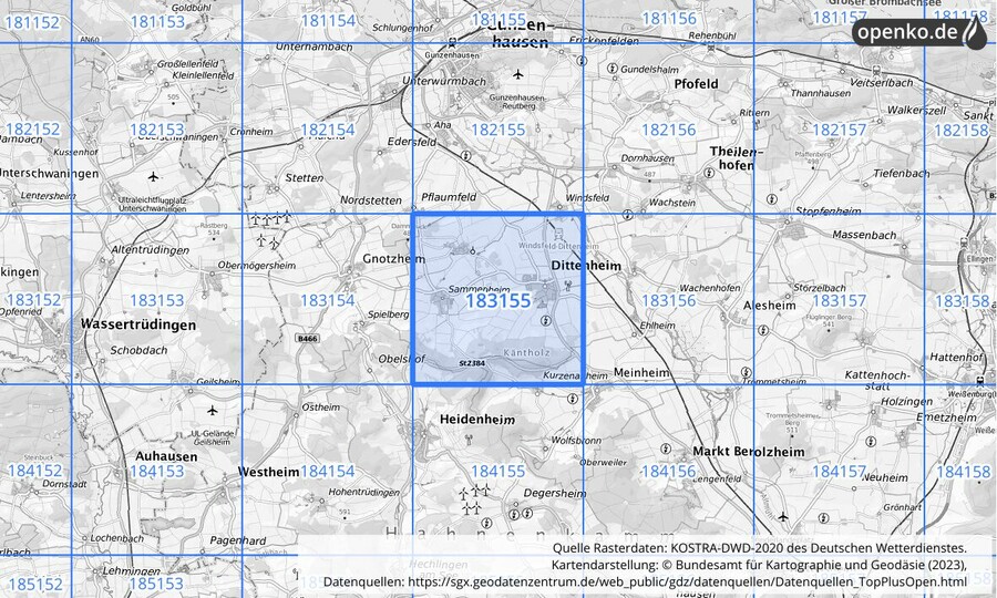 Übersichtskarte des KOSTRA-DWD-2020-Rasterfeldes Nr. 183155