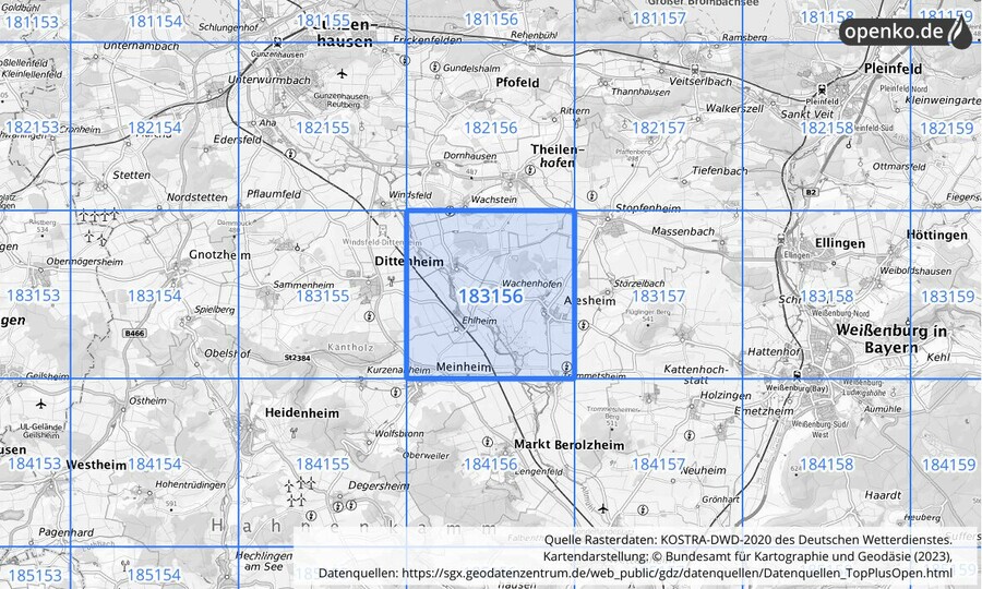 Übersichtskarte des KOSTRA-DWD-2020-Rasterfeldes Nr. 183156