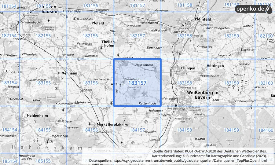 Übersichtskarte des KOSTRA-DWD-2020-Rasterfeldes Nr. 183157