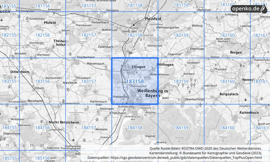 Übersichtskarte des KOSTRA-DWD-2020-Rasterfeldes Nr. 183158