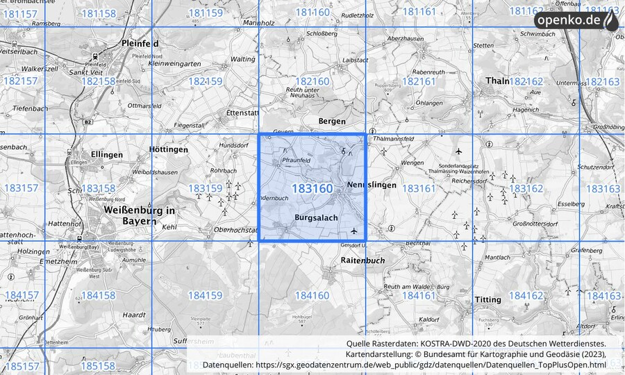 Übersichtskarte des KOSTRA-DWD-2020-Rasterfeldes Nr. 183160