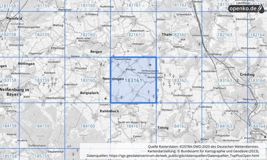Übersichtskarte des KOSTRA-DWD-2020-Rasterfeldes Nr. 183161